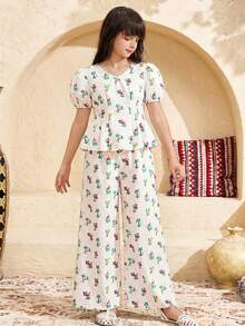Tween Girl Floral Print Sleeveless Top And Straight Leg Pants Set, Elegant - Beige - View 8