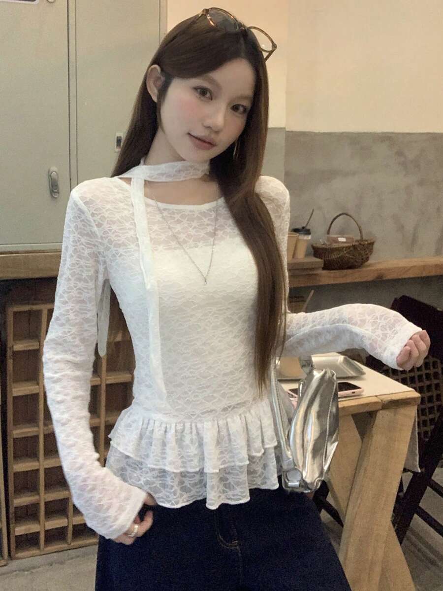 DAZY 女士透视蕾丝荷叶边领长袖T恤，性感轻盈防晒百搭上衣 - 白色 - 查看 1