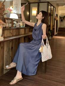 DAZY Women's Tencel Denim Draped Neck Elastic Ruched Waist Sleeveless Denim Dress - Blue - View 7