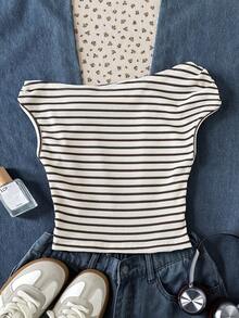 SHEIN Débardeur ajusté décontracté à col rond rayé avec épaule asymétrique pour fille préadolescente - Rose vif - Voir 2