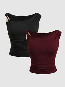 SHEIN 1 Set Teen Girl Casual Oblique Shoulder Top (Black) + Burgundy Camisole - Multicolor - View 1