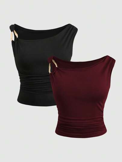 SHEIN 1 Set Teen Girl Casual Oblique Shoulder Top (Black) + Burgundy Camisole