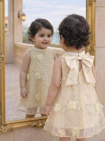 Baby Girls' Elegant Loose Mandarin Collar Sleeveless Small Ditsy Floral Organza Ruffle Hem A-Line Dress With Bow Back Decor, Suitable For Wedding, Party, Daily Wear, Blue