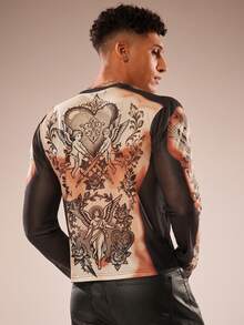 FeverCity Men's Letter & Cross Print Crew Neck Long Sleeve T-Shirt - Multicolor - View 2