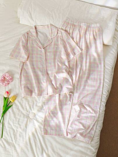 2pcs/Set Girls Plaid Print Short Sleeve Top And Pants Comfortable Pajama Set