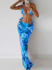 Bonvoyette 3pcs Women's Printed Triangle Cup Spaghetti Strap Bra Set,Spring Summer Picks - Blue - View 1