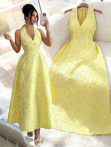 Elenzga Women's Elegant Jacquard Halter Tie Dress, Suitable For Summer Vacation - Yellow - View 1