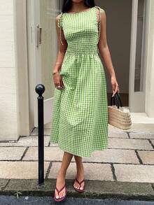 MainGRL 女士休闲绿白格子无袖A字中长连衣裙，荷叶边下摆，绿色格子连衣裙，适合野餐 - 綠色 - 查看 3