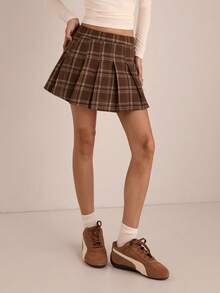 Easelle Brown Plaid Mini Skirt (Women's), Pleated Midi Skirt, Retro Casual Brown, Spring/Summer 2026. - Brown - View 6