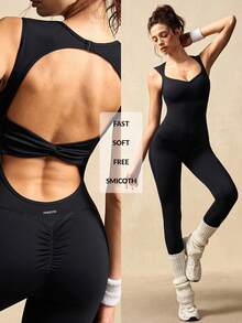 VARSIVA Bộ jumpsuit dáng ôm vừa vặn, màu trơn, không tay, hở lưng, khoét eo, kiểu dáng thường ngày. - màu đen - Xem 11