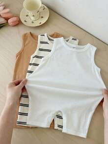 LMoss Kids 3pcs Baby Boy Knitted Solid Striped Crew Neck Sleeveless Romper Set - Multicolor - View 4