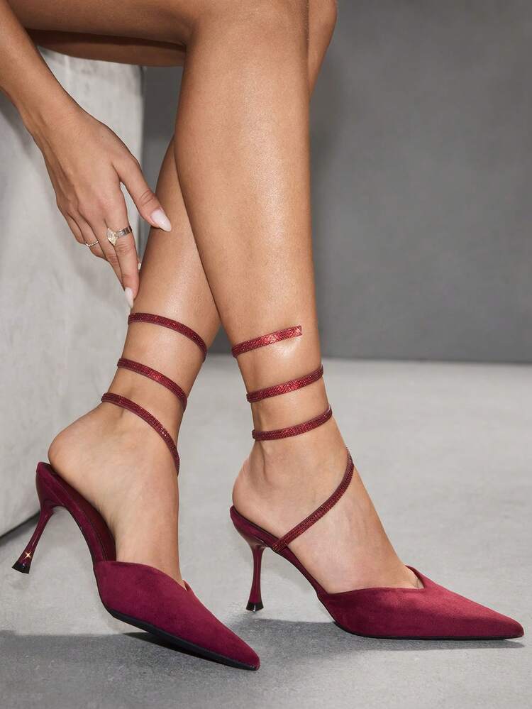 CUCCOO SZL Women's Pointed Toe Black Suede Sexy Snake-Shaped Rhinestone Wrapped Strap Fashionable Date Night Stiletto High Heel Sandals Spring Shoes - Burgundy - View 5