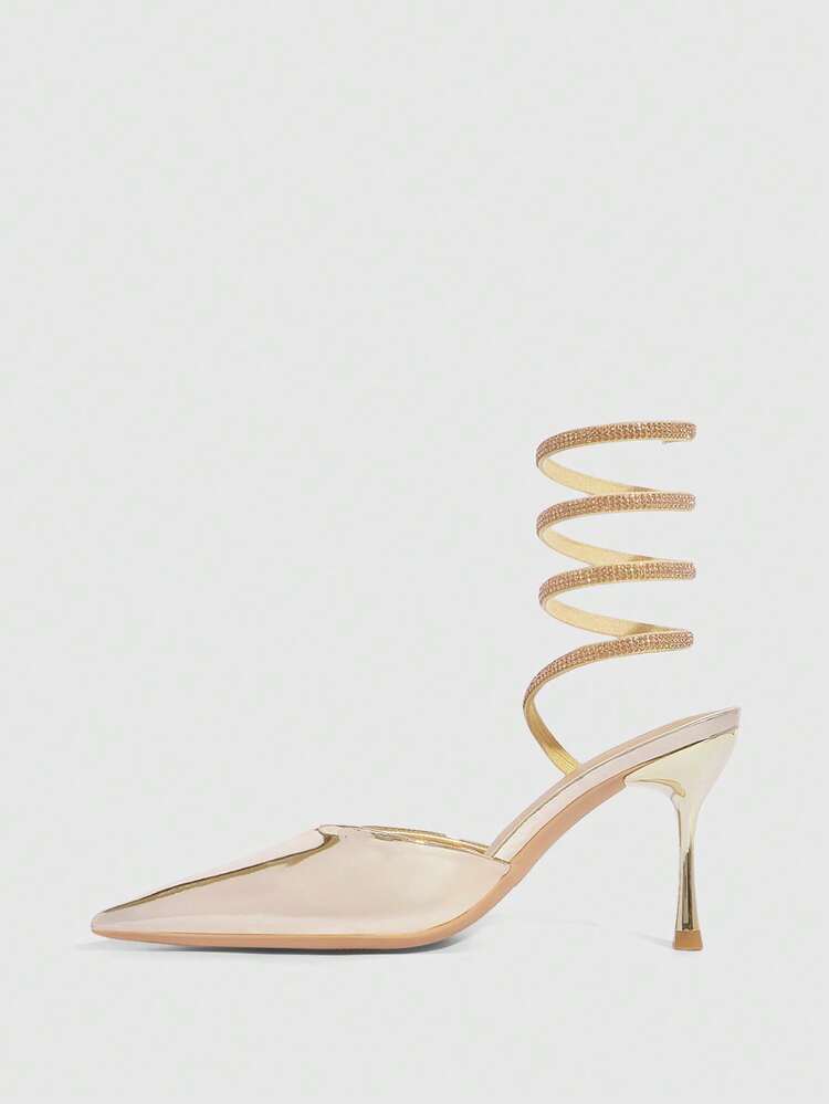 CUCCOO SZL Women's Pointed Toe Black Suede Sexy Snake-Shaped Rhinestone Wrapped Strap Fashionable Date Night Stiletto High Heel Sandals