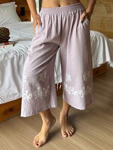 DAZY Quần pajama ống rộng dáng lửng in họa tiết retro dành cho nữ, thích hợp cho kỳ nghỉ biển. - Bụi tím - Xem 3