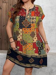 SHEIN LUNE 大码女式复古印花V领蝙蝠袖休闲连衣裙度假装女式夏季服装女式办公室着装 - 藏蓝色 - 查看 1