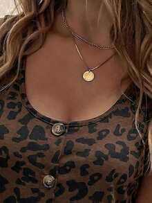 Selamara New Fashion Women Floral Leopard Print Round Neck Button Tank Top - Multicolor - View 3