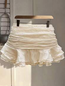 Sweetra New Design Fashionable Versatile Sweet Patchwork Pleated Ruffle Hem Slim Fit Skirt, Summer - Apricot - View 2