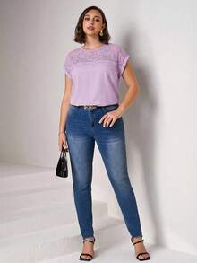 SHEIN Clasi Camisa de talla grande de verano, de unicolor, con parches de encaje - Lila Púrpura - Ver 7