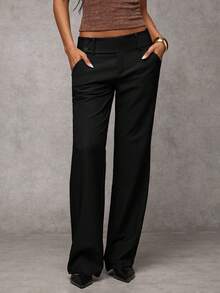 SHEIN PETITE CURVE 大码纯色休闲裤，带口袋，百搭实用，适合日常穿着、春季、外出、休闲场合，黑色，通勤、日常生活、办公室穿着皆宜。 - 黑色 - 查看 4