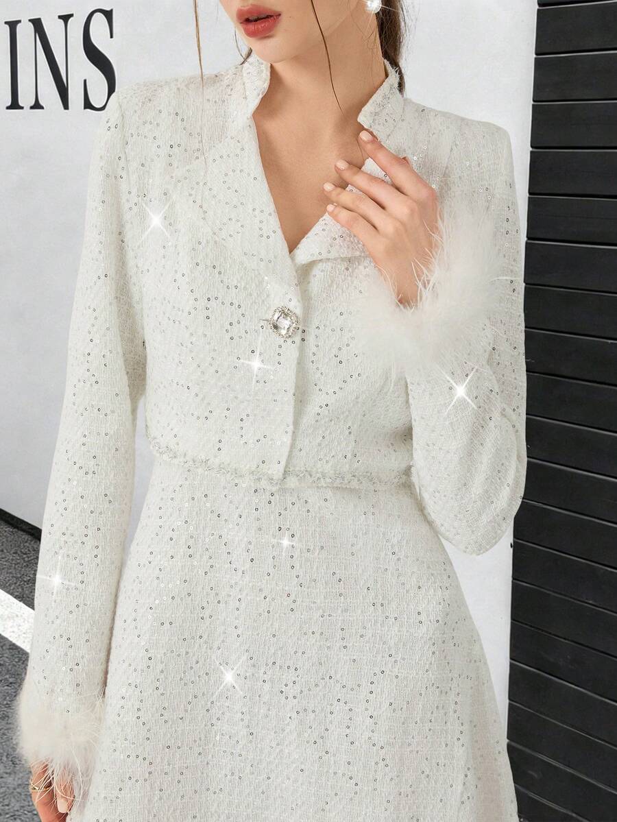 Opuloom Christmas Women's High-Quality Fabric Collared Shoulder Long Sleeve Shiny Knit Patchwork Straight Short Jacket Paired With A-Line Maxi Skirt, Elegant French Chic Casual Outfit For Daily Wear, Autumn/Winter - White - View 1