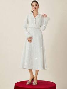 Opuloom Christmas Women's High-Quality Fabric Collared Shoulder Long Sleeve Shiny Knit Patchwork Straight Short Jacket Paired With A-Line Maxi Skirt, Elegant French Chic Casual Outfit For Daily Wear, Autumn/Winter - White - View 8