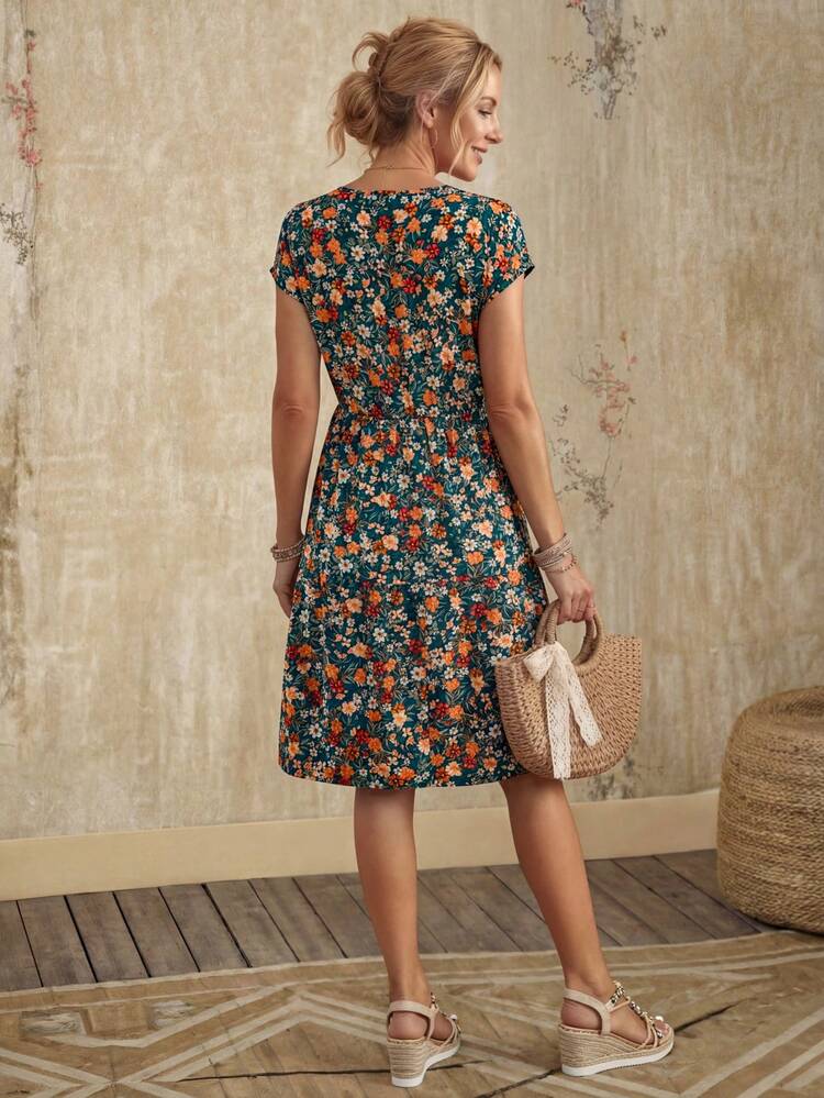 Ditsy Floral Waist Cinched Casual Vacation Dress,Summer Dresses
Spring Clothes