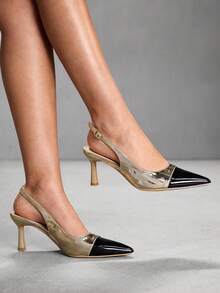 CUCCOO SZL Women's Contrast Color Pointed Toe Buckle Design Elegant High Heels - Gold - View 3