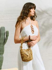 SHECARRY Women's Vacation Casual Shell Chain Decor Woven Handbag - Camel - View 7