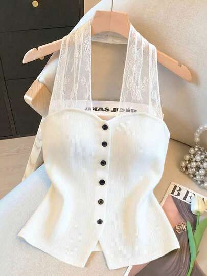 GlowEve Women's White Solid Color Ice Silk Textured Fabric Splicing Lace Fabric Waist Cutout Back Design Button Front Elegant High-End Quality Birthday Gift Date Party Valentine's Day Carnival Easter Labor Day Travel Vacation Street Style Sleeveless Top, Spring/Summer New Arrival Fashion Niche Design Versatile Fitted Camisole