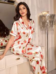 LuxeNights Elegant Rose Floral Print Silk Blend Robe & Pajama Set For Women Floral Pj Set Short-Sleeved Pajama Set - Red - View 3
