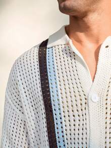 Manfinity CityGents Men's Dropped Shoulder Short Sleeve Casual Hollow-Out Contrast Color Knit Set Men S Resort Wear Greece Vacation Outfit Men Alt Sumwon Men S Knitted Set Western Crochet Two Piece Set Men Men S Pool Outfit - Multicolor - View 3