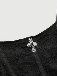 ROMWE Goth 哥特风优雅蕾丝拼接收腰大码女式吊带连衣裙，生日派对礼服 - 黑色 - 查看 7