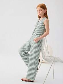 SHEIN 少女休闲度假条纹背心和阔腿裤两件套 - 薄荷綠 - 查看 5