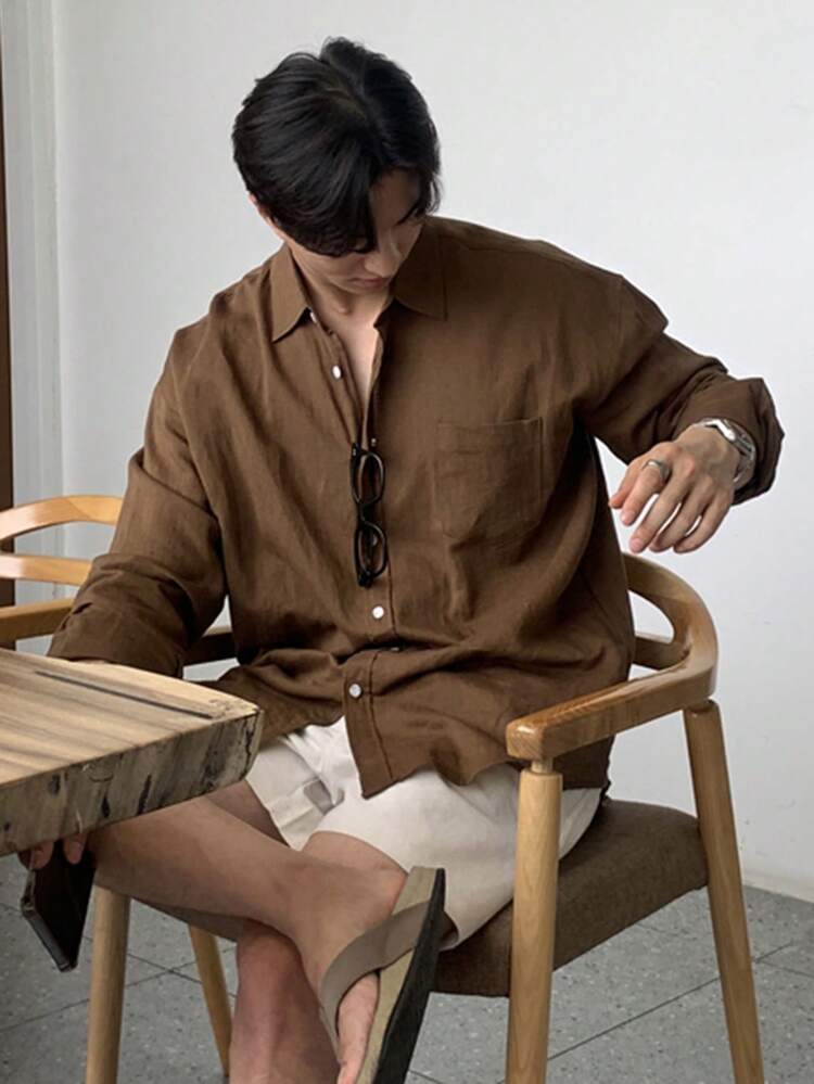 Brown & Red Long Sleeve Men's Casual Shirt, Spring