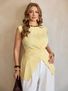 Roveilla 大码女士休闲无袖衬衫，法式浪漫西西里优雅设计，适合通勤、度假、下午茶、派对等场合，纯色雪纺面料，圆领，后背扭褶设计，松紧腰带，春夏款 - 黃色 - 查看 5