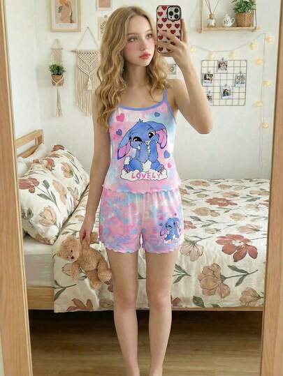 2 Stücke/Set Mädchen Batik Hase Herz Muster Trägerhemd und passende Batik Hase Muster Shorts Pyjama Set, süß und niedlich Loungewear