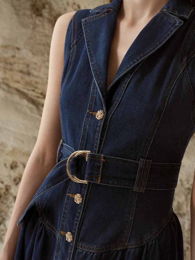 WOMEN'S SLEEVELESS SIMPLE ELEGANT BUCKLE BELTED DENIM DRESS, SPRING/SUMMER