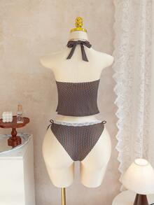 Swim Mod Women's Polka Dot Lace Trim Tie Front Tankini Swimwear Set, Cute Beach Music Style, Spring/Summer - Multicolor - View 2