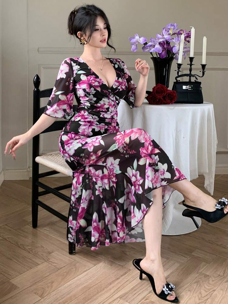 Spring & Summer Textured Floral All-Over Print Dress, Elegant For Valentine's Day, Wedding, Party, Formal Occasion, Fashion Event, Fitted Waist, Mesh Patchwork Fishtail Hem, Long Sleeve Dress Sundress