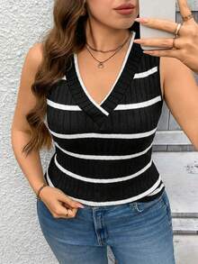 SHEIN LUNE Áo vest dệt kim kẻ sọc cổ chữ V cỡ lớn dành cho nữ, trang phục mùa hè cho nữ, phong cách boho cổ điển, trang phục mùa hè cho nữ, trang phục dự tiệc mùa xuân, trang phục lễ hội mùa xuân. - Đen và trắng - Xem 4