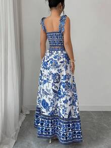 Elenzga New Shirred Woven Printed Shoulder Tie Back Fitted Top With A-Line Skirt, Young & Elegant Matching Set With Placement Print, Vacation Style For Women - Multicolor - View 2