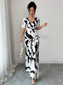 Elenzga Women's Black Contrast Color Print Waist Tie Design Top And Straight Leg Pants 2 Piece Set, Suitable For Outings And Home Wear, Spring/Summer - Multicolor - View 6