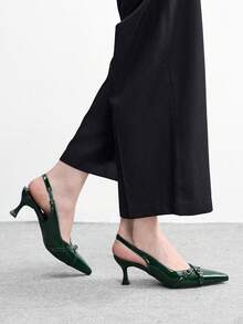 CUCCOO BIZCHIC Bombas de tacón de gatito con punta puntiaguda de material de PU, adecuadas para el uso diario, el trabajo y las fiestas - Verde Oscuro - Ver 3