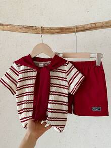 LMoss Kids LMoss  2pcs/Set Young Boy Striped Knit T-Shirt And Shorts Set - Multicolor - View 3