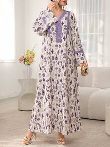 Al Najma Middle Eastern Arabic Style Printed Long Sleeve Loose Robe, Vacation Vibe Turkish Kaftan - Purple - View 4