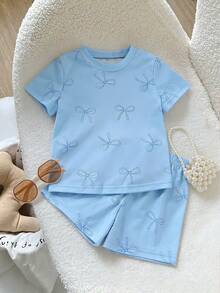 SHEIN Genkimix Kids 2件套 女童休闲甜美日常圆领短袖露脐T恤，带3D蝴蝶结装饰和松紧腰短裤 - 彩色 - 查看 6