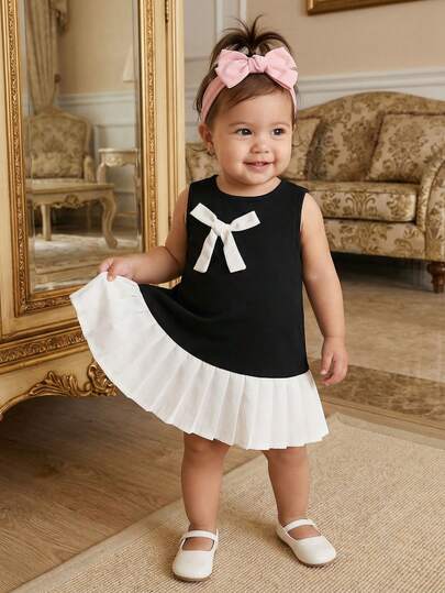 Glamorique Kids Baby Girls' Black Simple Patchwork Pleated Hem Bow Sleeveless Dress, Cute & Elegant Summer Children Outdoor Clothing Bowknot Black And White Dresses For Babies Black And White Toddler Dress Little Girls Black And White Outfits Black And White Baby Girl Dress Black Outfit For Girls Black Dress For Toddlers