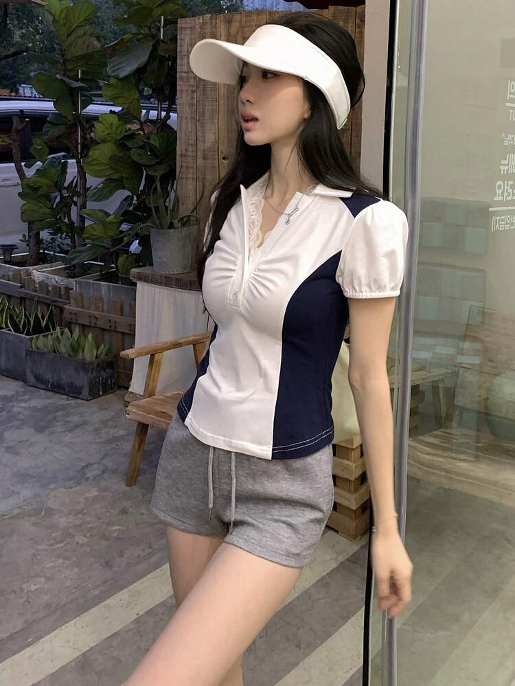 Women's V-Neck Short Sleeve Lace Patchwork Puff Sleeve Crop Top, High Waist Slimming T-Shirt, Summer