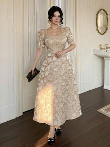 DAZY Women's Elegant Floral Textured Square Neck Puff Sleeve Midi Dress, Summer - Apricot - View 7