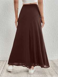 Almamuse Váy maxi dài cạp cao bằng vải lưới màu nâu dành cho nữ, váy dài xẻ tà, váy bất đối xứng, váy lụa, váy thanh lịch. - màu nâu - Xem 2